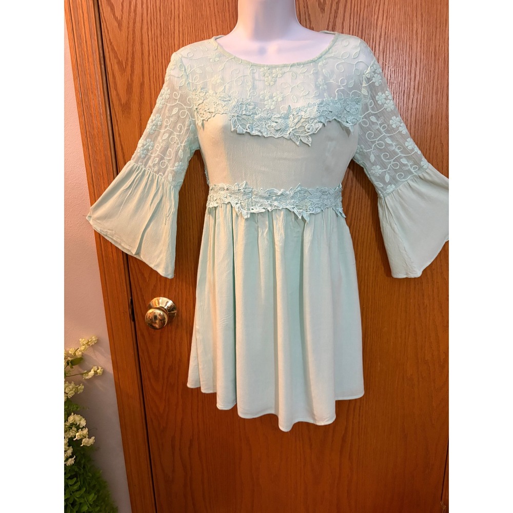 Mint Green Lace Open Back Bell Sleeve Boho Mini Dress Pastel Floral Embroidery